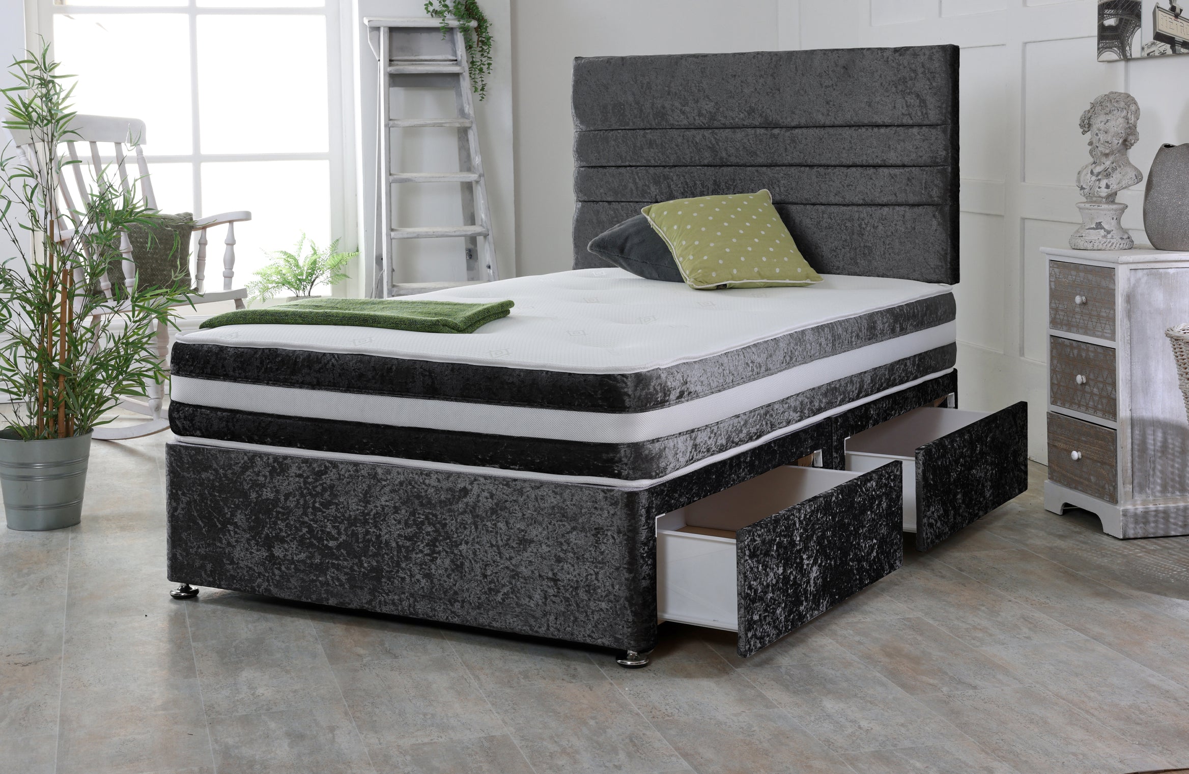 Mint Crushed Velvet Divan Bed Base Set with Headboard
