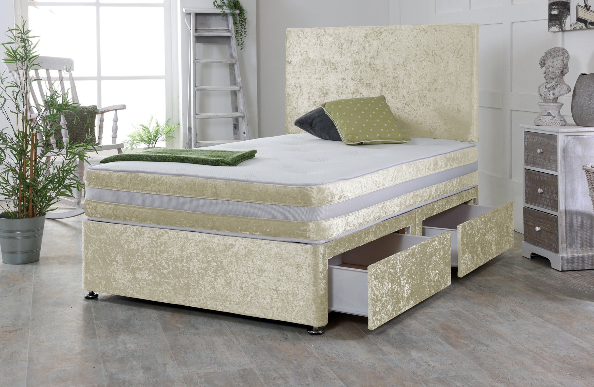 Plain Crushed Velvet Divan Bed Base Set with Headboard