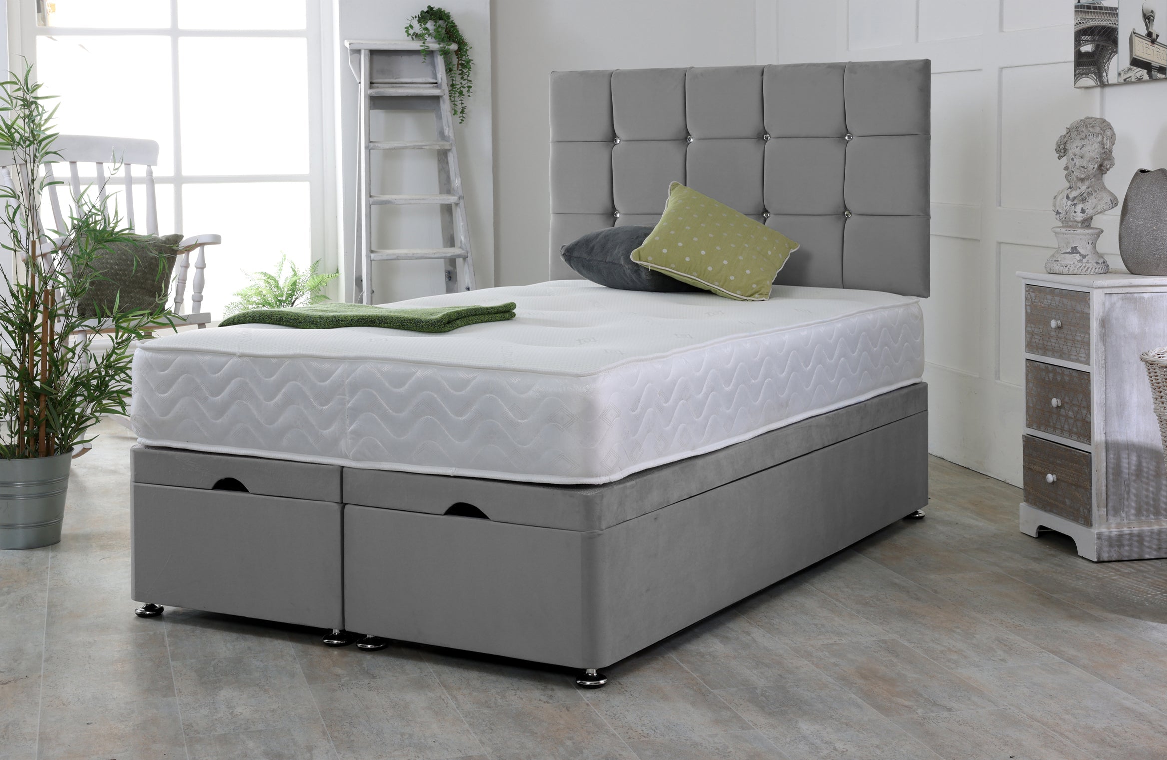 Cube Ottoman Bed Base Set with Headboard