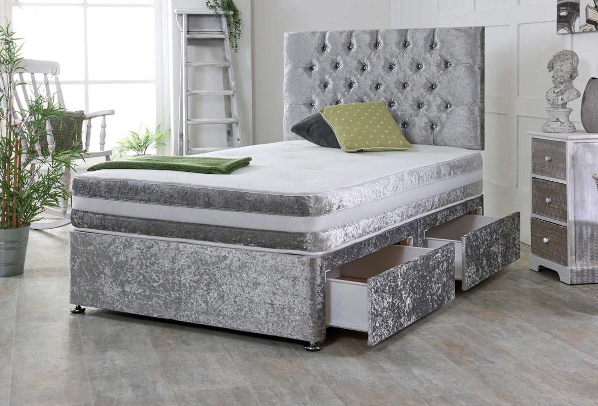 Crushed Velvet Divan Bed with Mattress and Chesterfield Headboard