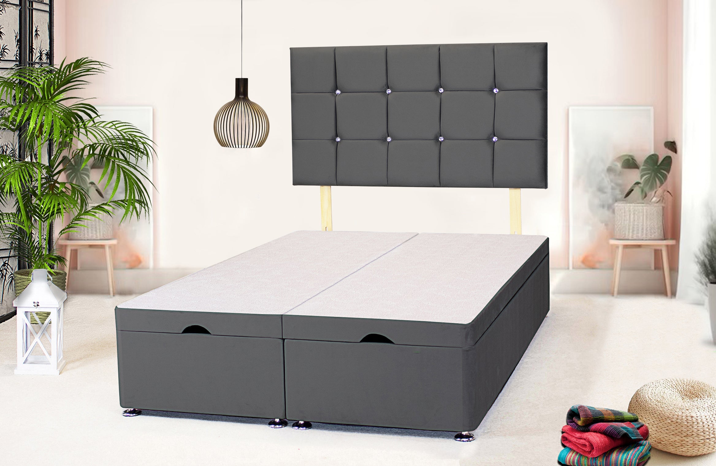 Ottoman Divan Bed with Mattress & Cube Headboard