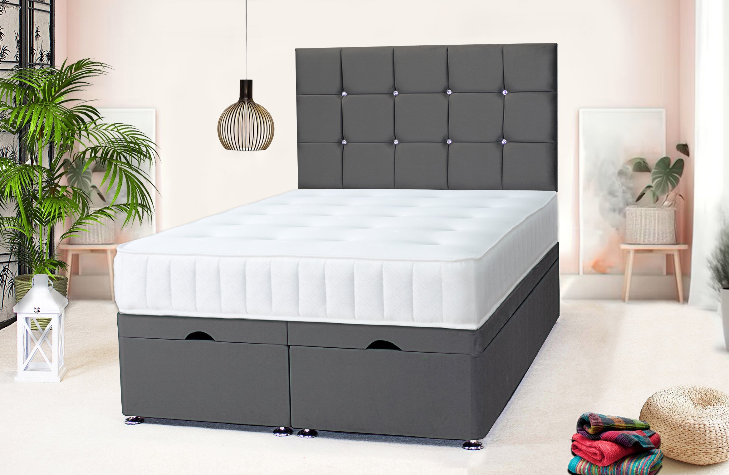 Ottoman Divan Bed with Mattress & Cube Headboard