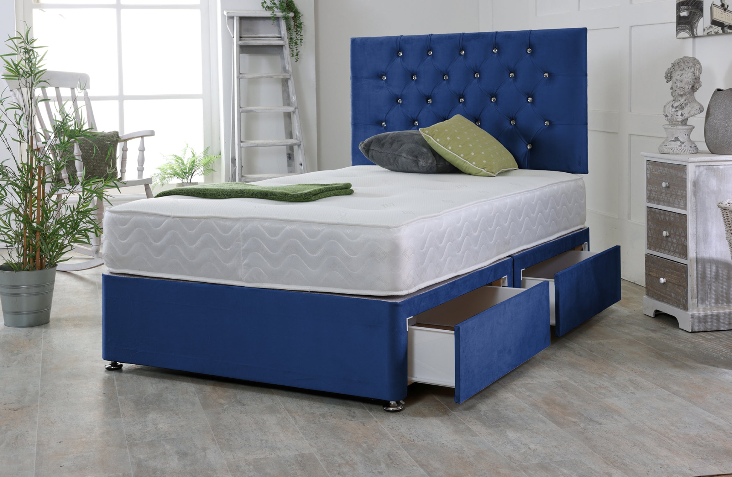 Chesterfield Divan Bed Base Set with Mattress and Headboard