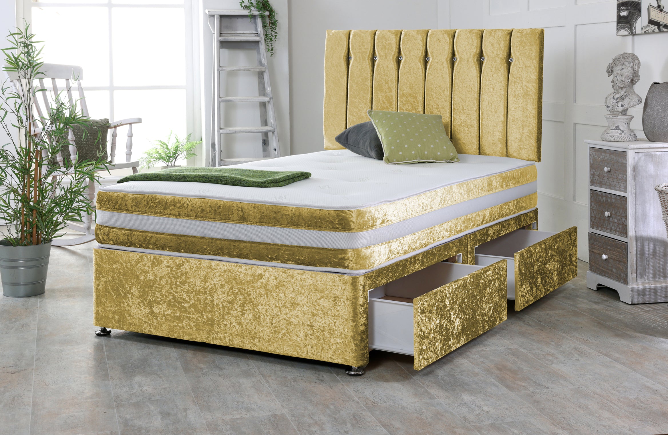 Delight Crushed Velvet Divan Bed Base Set with Mattress and Headboard
