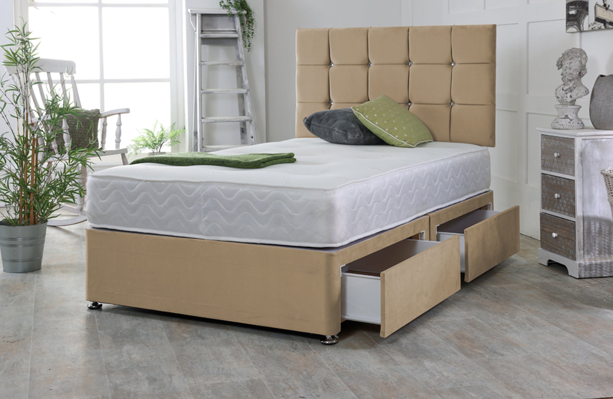 Cube Divan Bed Base Set with Mattress and Headboard