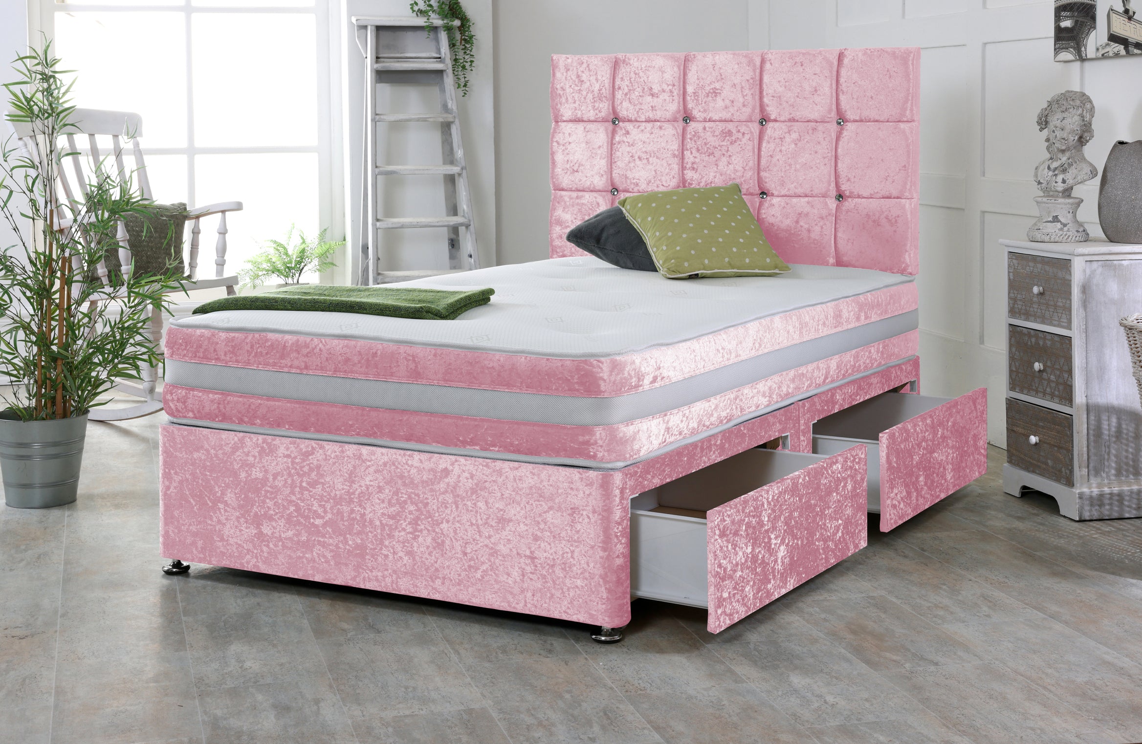 Cube Crushed Velvet Divan Bed Base Set with Mattress and Headboard