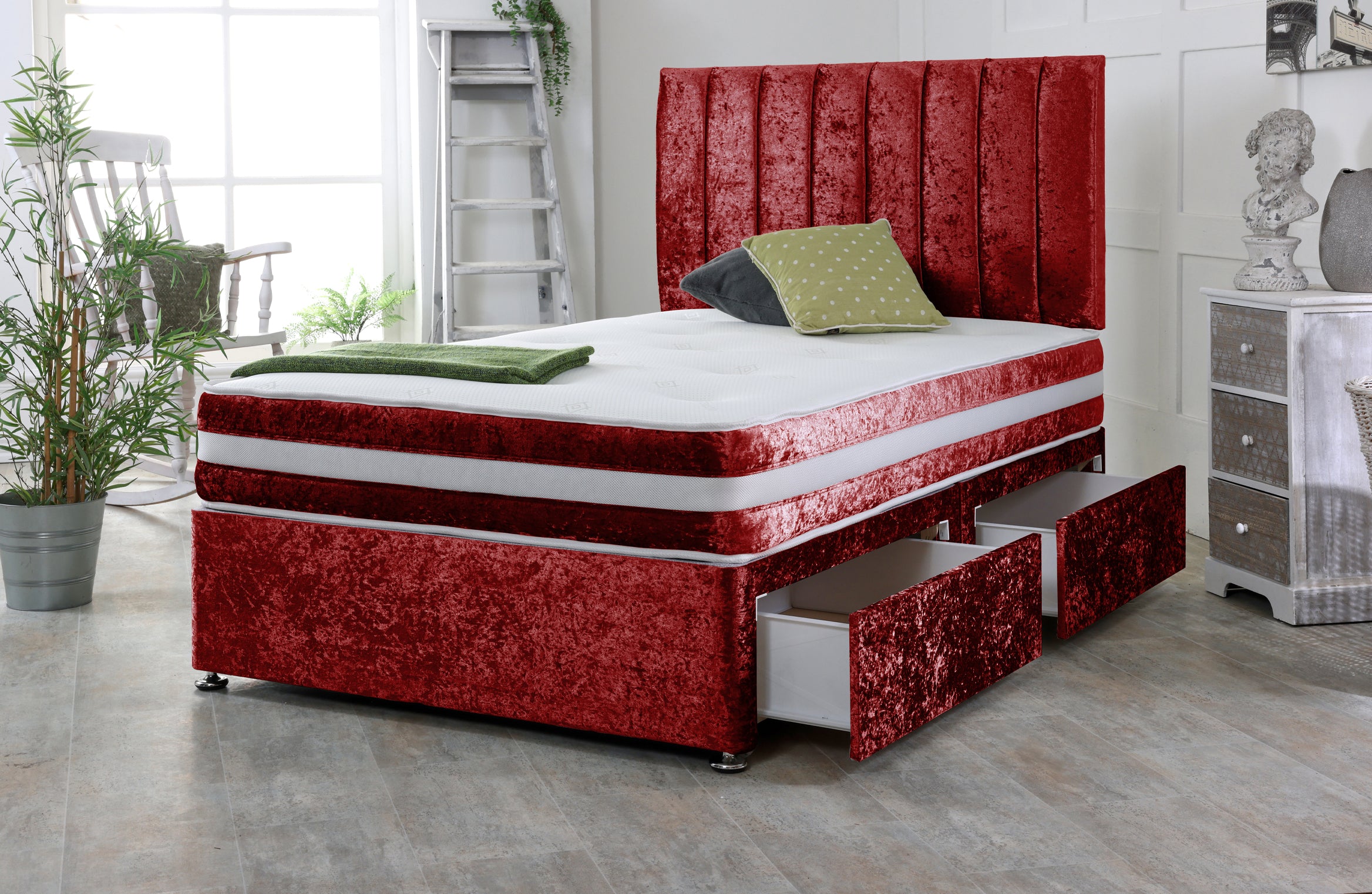 Aero Crushed Velvet Divan Bed Base Set with Mattress and Headboard