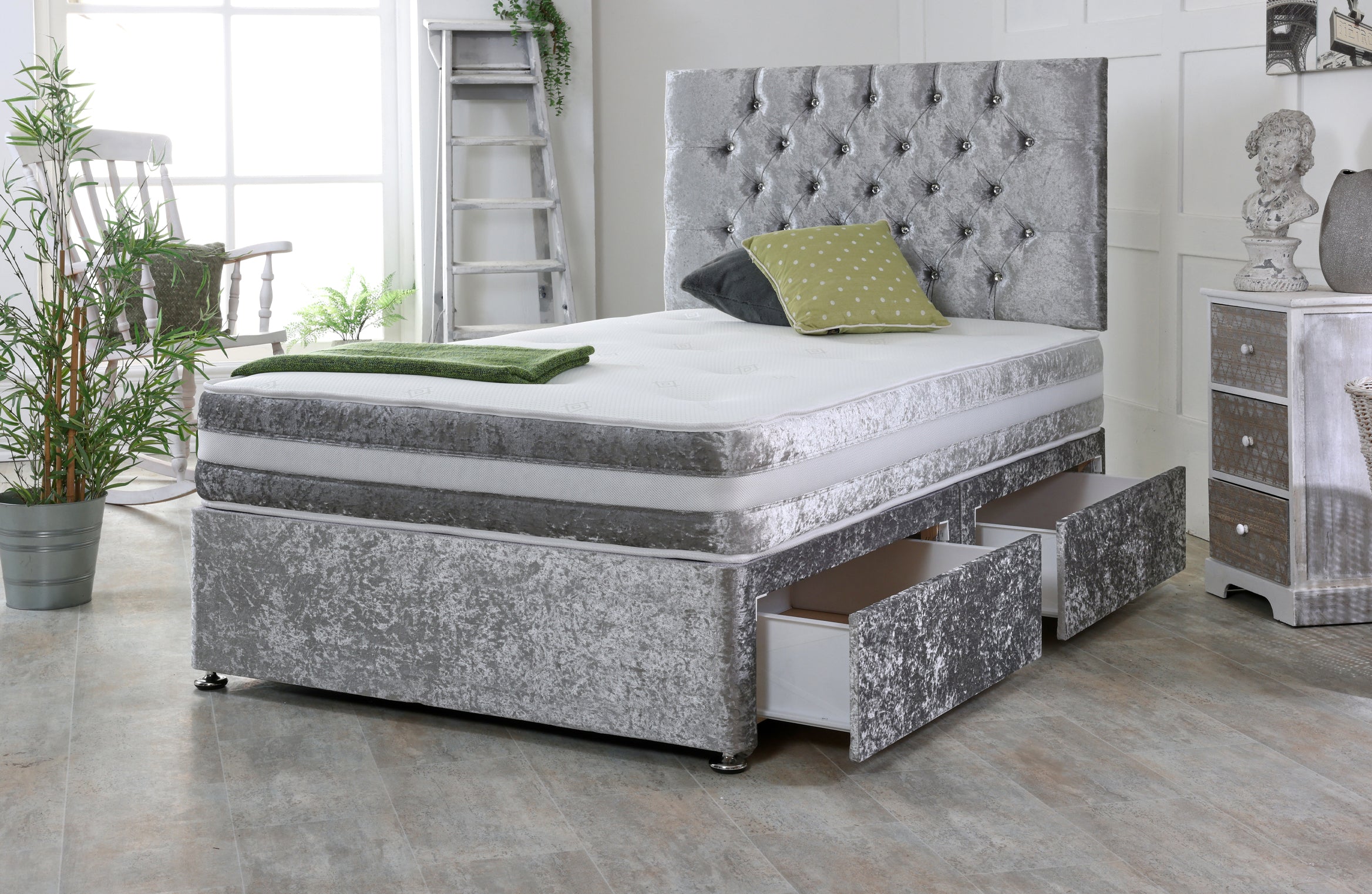 Chesterfield Crushed Velvet Divan Bed Base Set with Mattress and Headboard