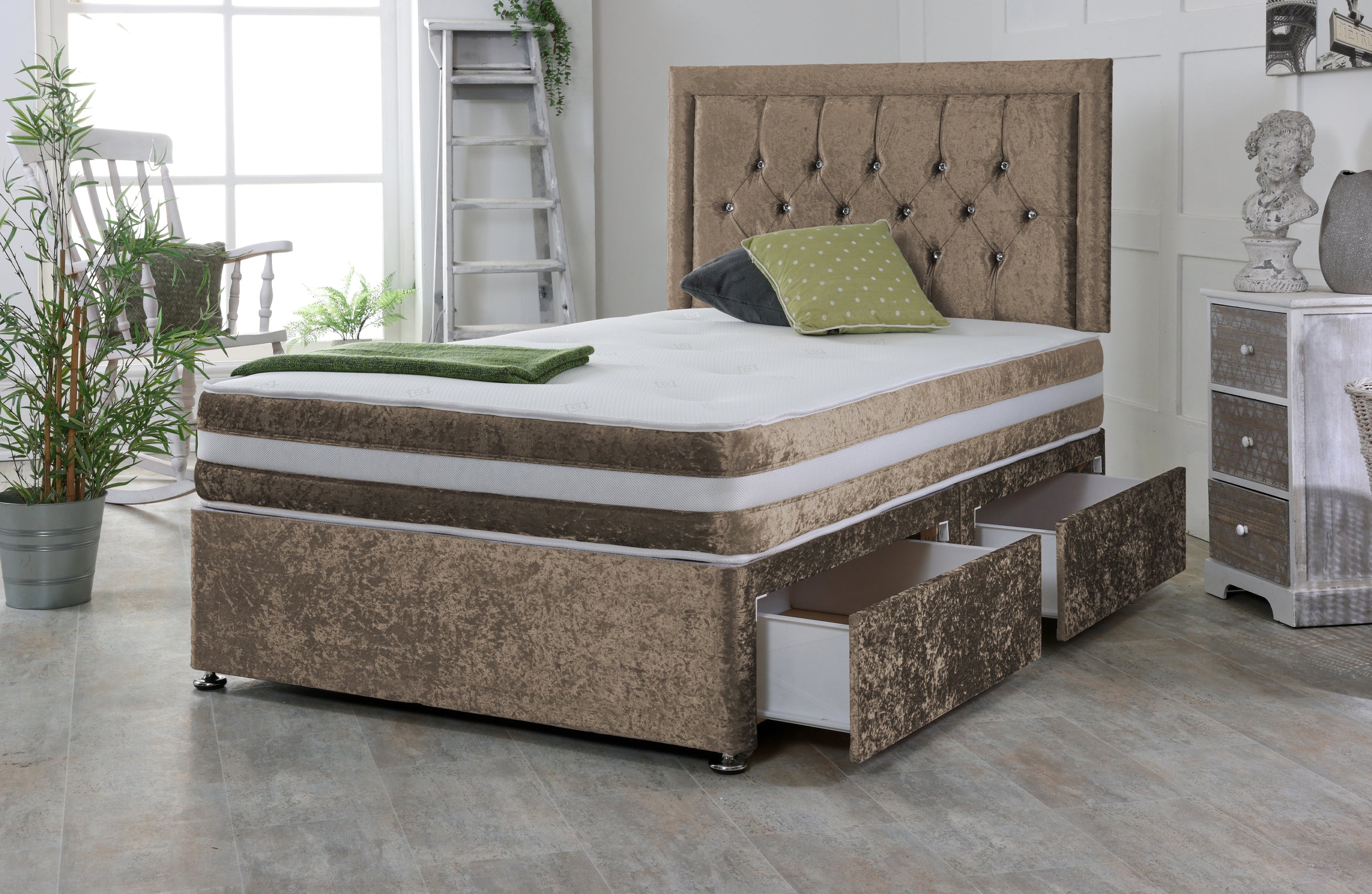 Miami Crushed Velvet Divan Bed Base Set with Mattress and Headboard