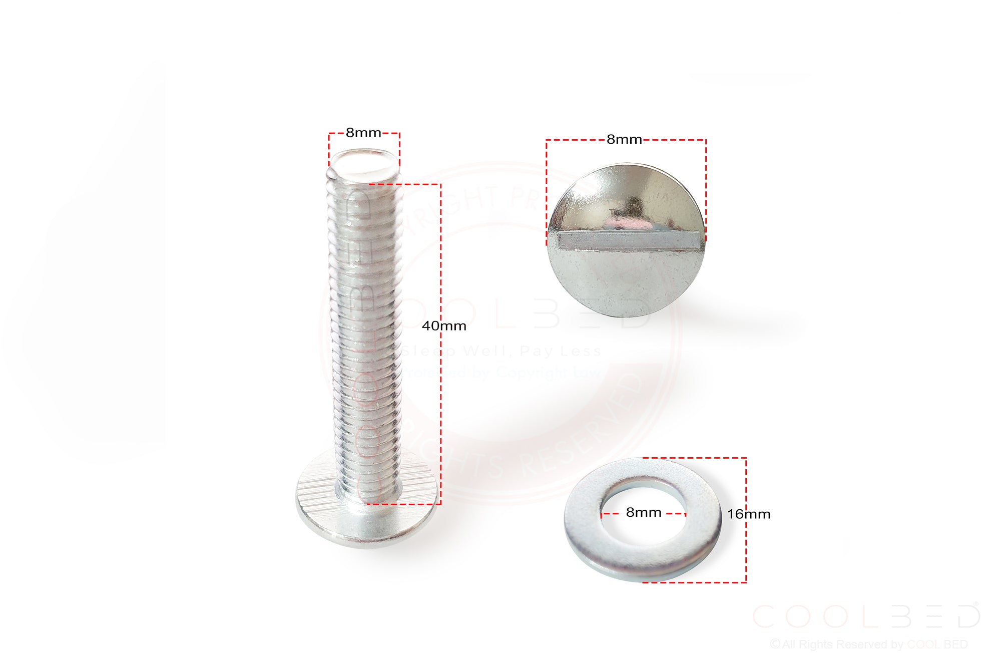 M8 x 40mm Headboard Bolts Screw and M8 (8mm) Flat Washers