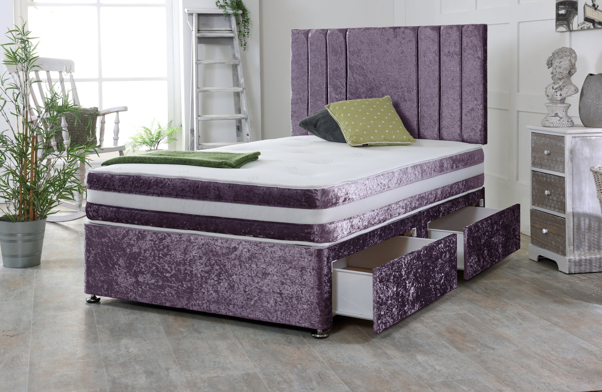 Wispa Crushed Velvet Divan Bed Base Set with Mattress and Headboard