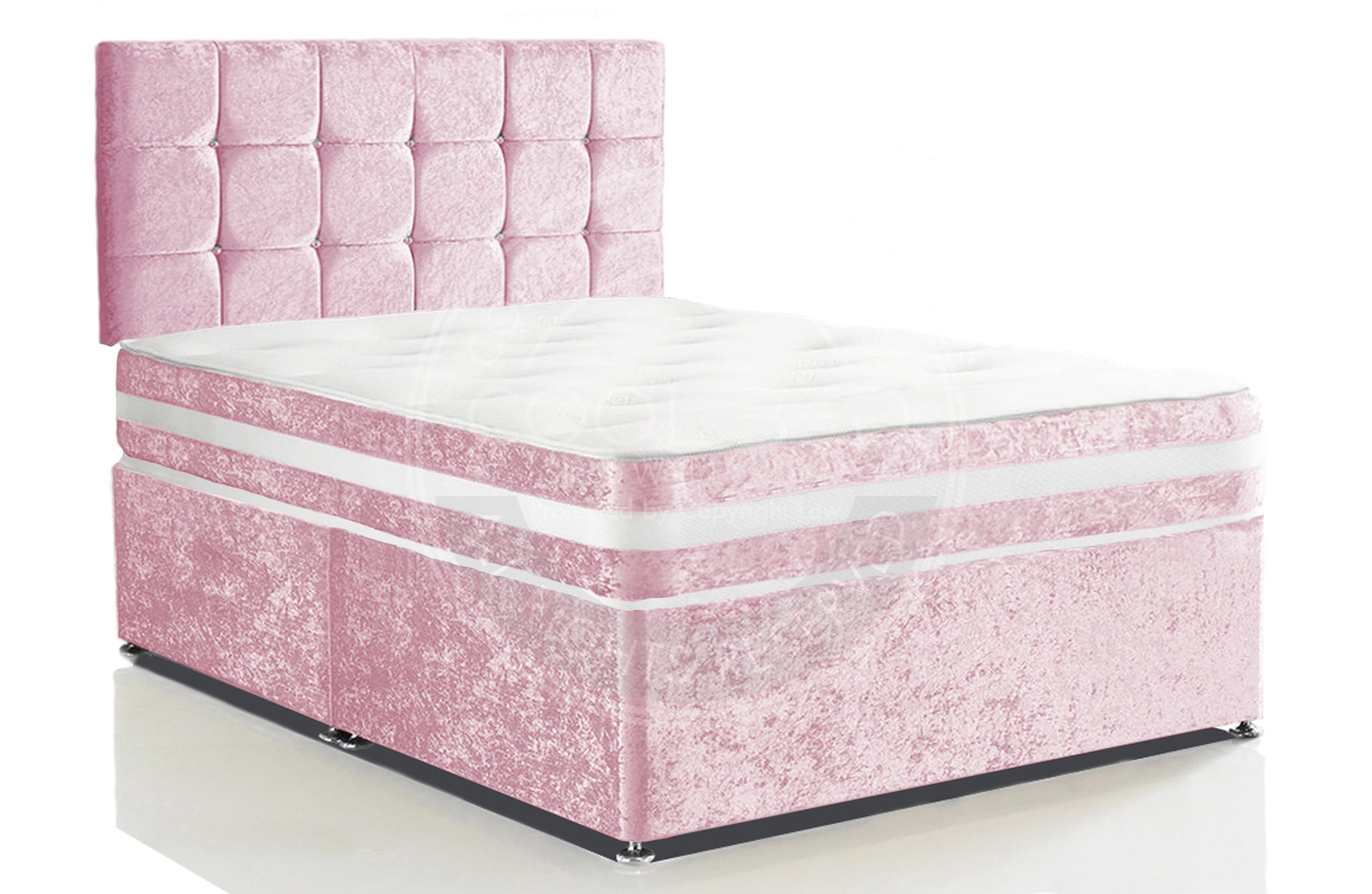 Crushed Velvet Divan Bed Set with Matching Border Mattress & Cube Headboard